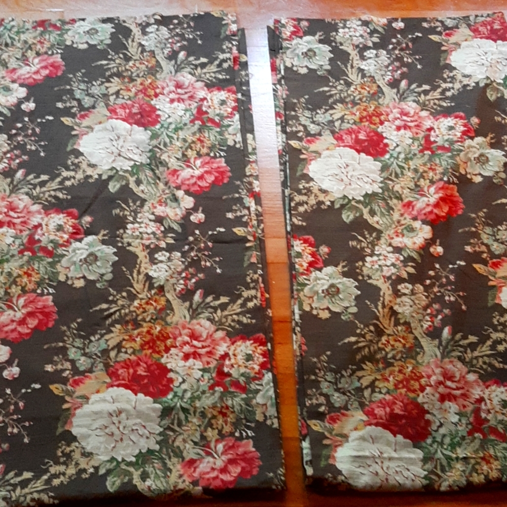 Waverly Floral Upholstery Fabric Panels in Black with Red and Cream Blooms